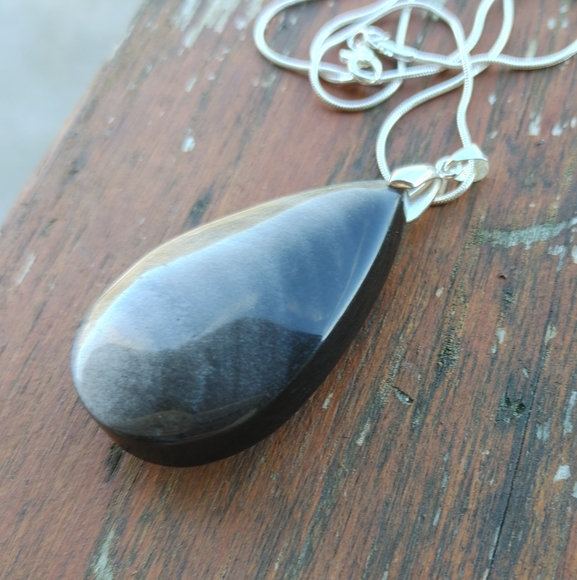 Large Black Obsidion Gemstone Pendant (2.5") -  w/ 925 Silver Overlay Chain - Picture 5 of 14